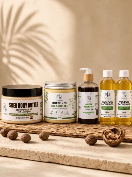 Shea butters, black soap gel and baobab oil with raw shea nuts and a baobab fruit