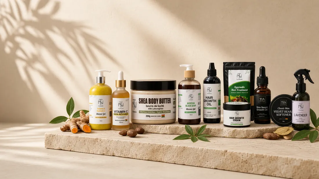 The Tia Naturals range on a stone ledge with turmeric root, shea nuts and green leaves